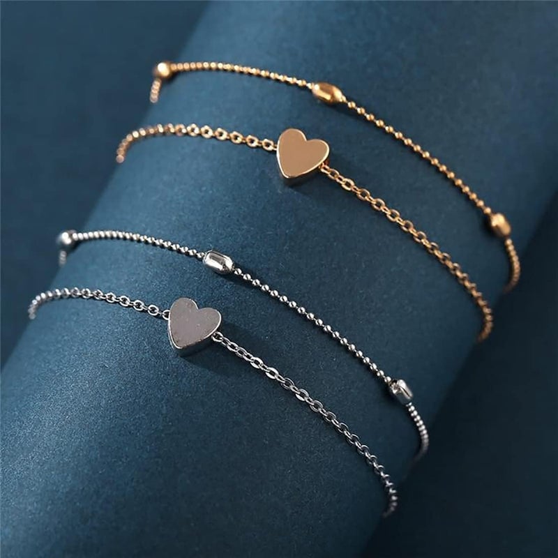 MIDEEO Gold/Silver Ankle Bracelets for Women,14K Gold Anklets for Women Waterproof Cuban Link Heart Beads Herringbone Rhinestone Anklets Set Layered Anklet Bracelets for Women Gold Jewelry Gift - Image 5